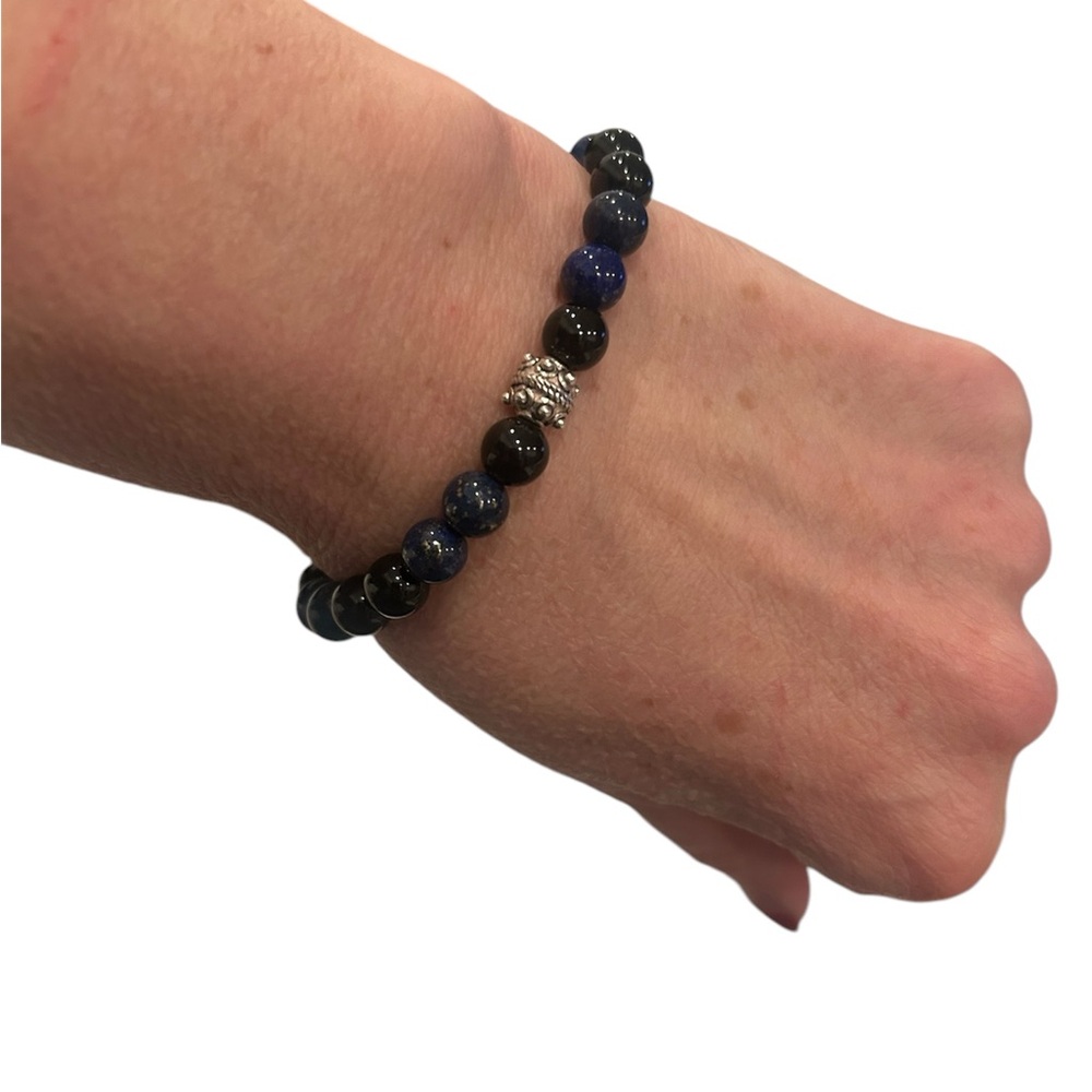 Unisex Sterling Silver & Blue/Black Beaded Slip-on Stretch Bracelet - Picture 2 of 3